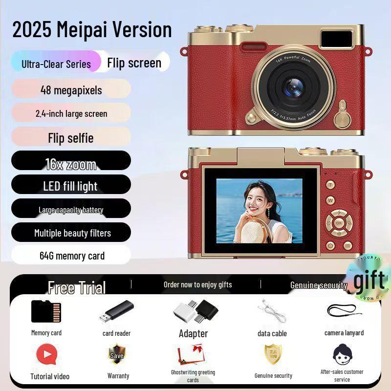 Retro Mirrorless Digital Camera with Folding Selfie Screen, 16x Zoom, and Portable Recording.