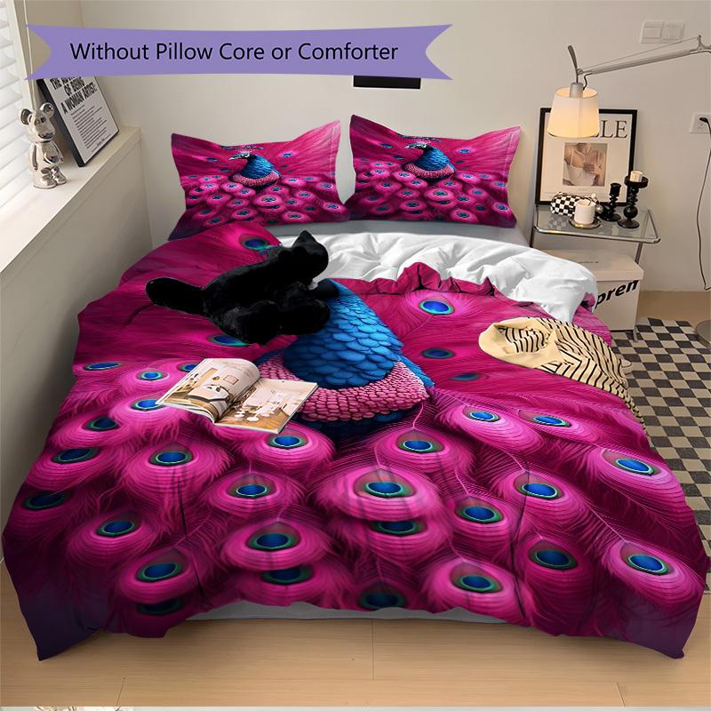 3pcs Peacock Feather Print Duvet Cover Set, 1 Duvet Cover + 2 Pillowcases (No Insert), High-Definition Print, Home & Dorm yy251123006