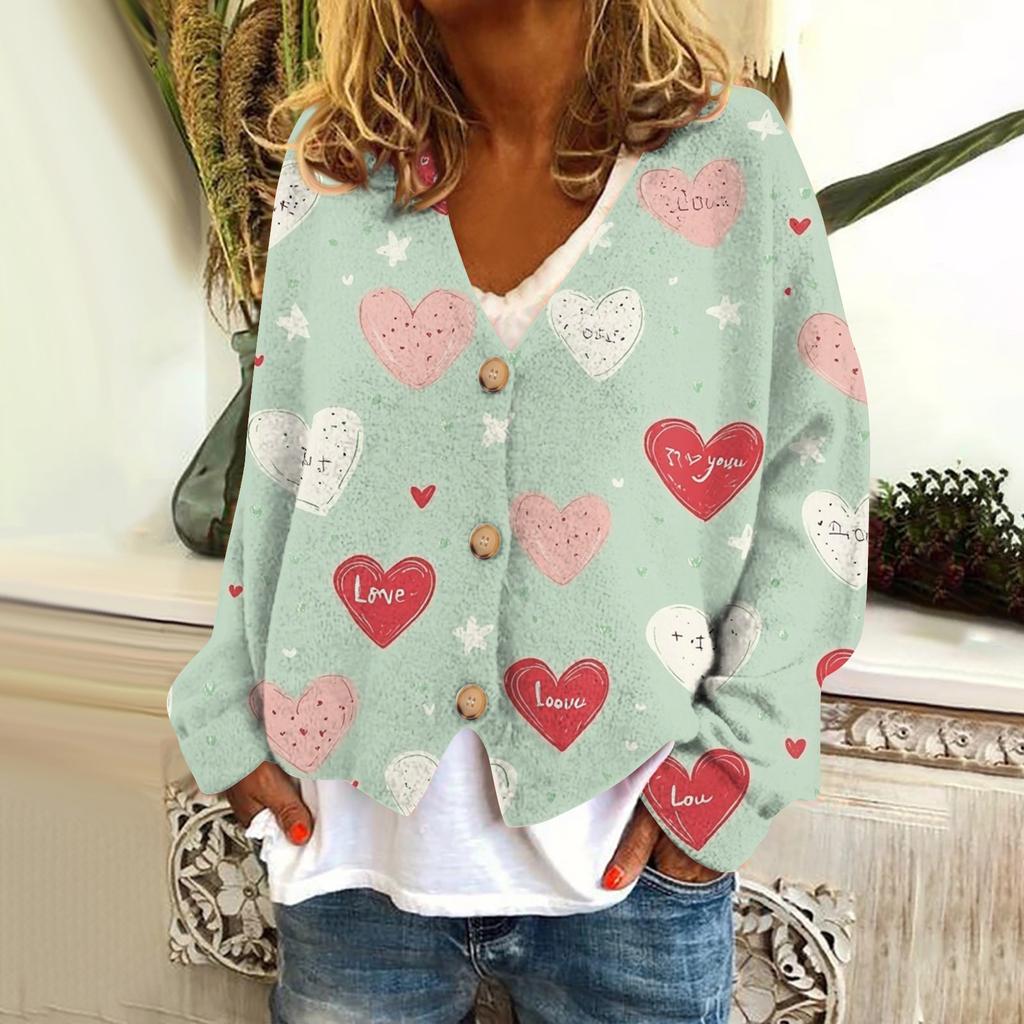 Women's Fashion Short Jacket Casual Long Sleeve Valentine's Day Printed Single Breasted Plush Top