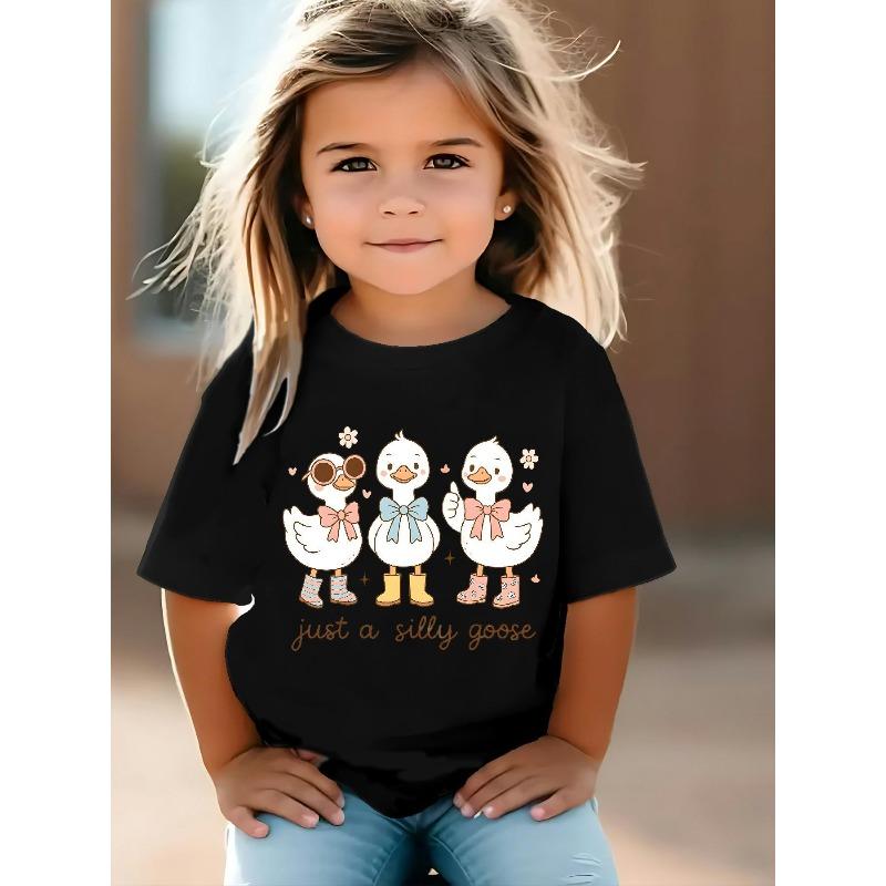 European Size Girls Round Neck Short Sleeved T Shirt with Cartoon Duck Pattern 98cm чёрный