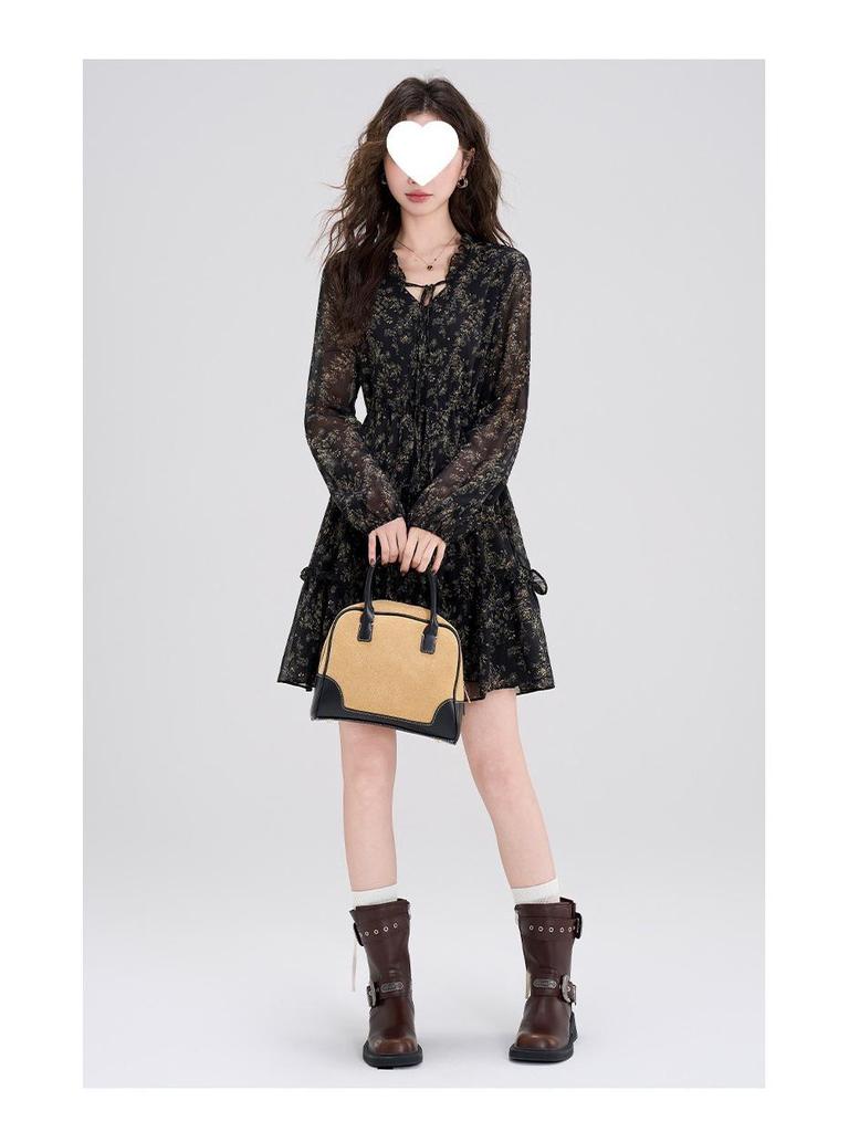 Chic Retro Floral Chiffon Dress: Petite Waist-Cinched Slim Black Style for Autumn & Winter