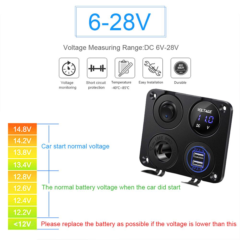 12V USB Panelová zásuvka 4 v 1 Duální USB nabíječka s kolébkovým spínačem Zapalovač cigaret do auta Digitální voltmetr pro auto Loď Nákladní automobil Obytný vůz