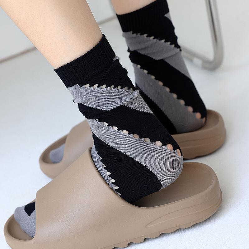 Diagonal Striped Personalized Hole Socks for Women, Mid-calf Socks, Cotton Spring Sweat-absorbing Striped Thigh-high Socks