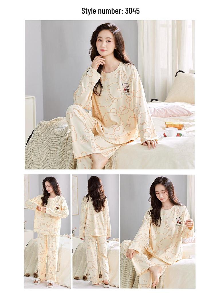 Women's 2025 Long-Sleeve Cartoon Pullover Pajamas with Chest Pad - Versatile Cotton Set for Indoor/Outdoor Wear (Autumn/Winter).