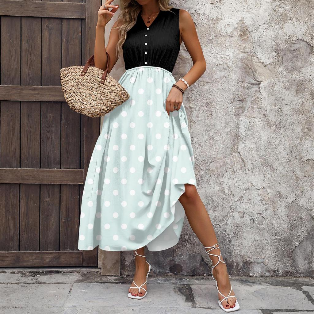 Dámské ležérní a módní šaty střední délky bez rukávů s potiskem a výstřihem do V