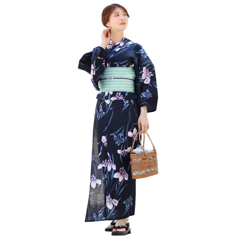 Yukata Set and Navy Iris On Navy Luxury Cotton Yukata Set Yukata Obi Geta [Brilliant Piece] "Japanese Nadeshiko" Women's "Purple Ground" 3-piece