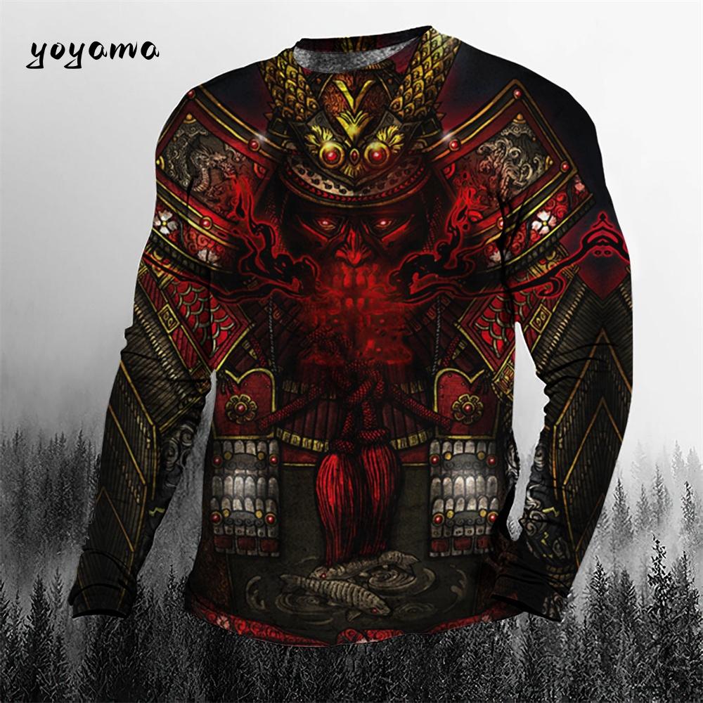 Rundhals 3D Japanischer Samurai-Druck Lässige Langarm-Herren-T-Shirts - Weicher, mittelelastischer Polyesterstoff Frühling und Herbst Relaxed Fit Kleidung