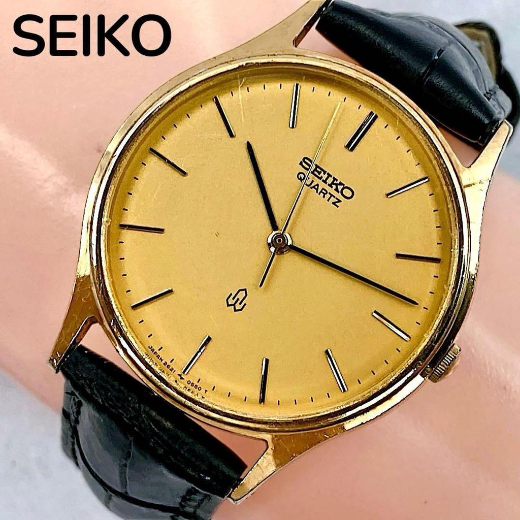 Working condition SEIKO Chariot Watch Gold SPG Gold Plated 3 Hands 1981 Vintage Leather Strap Dress Watch Black Men's