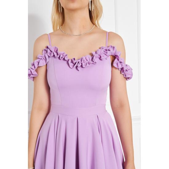 Women's Adjustable Strap Ruffle Detailed Collar Pleated Flared Midi Evening Dress