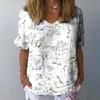 Women T-shirt V-neck Short Sleeve Flower Printed Tee Shirt Loose Fit Dropped Shoulder Sleeve