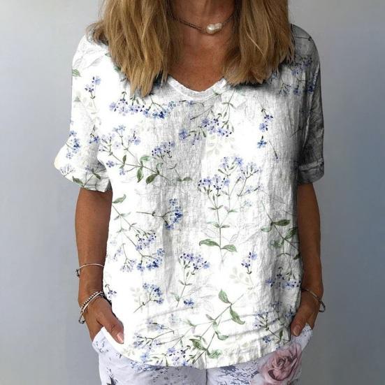 Women T-shirt V-neck Short Sleeve Flower Printed Tee Shirt Loose Fit Dropped Shoulder Sleeve