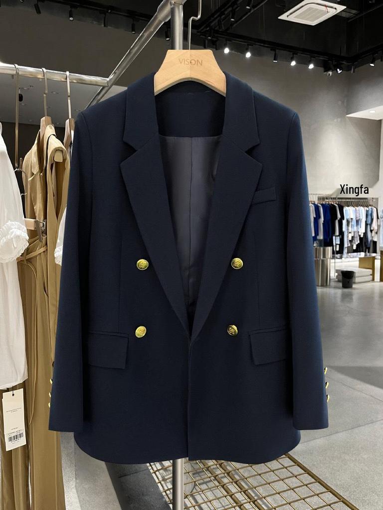 In Stock: Plus Size Women's Navy Blue Cotton-Padded Suit Jacket - 2023 Autumn/Winter Collection
