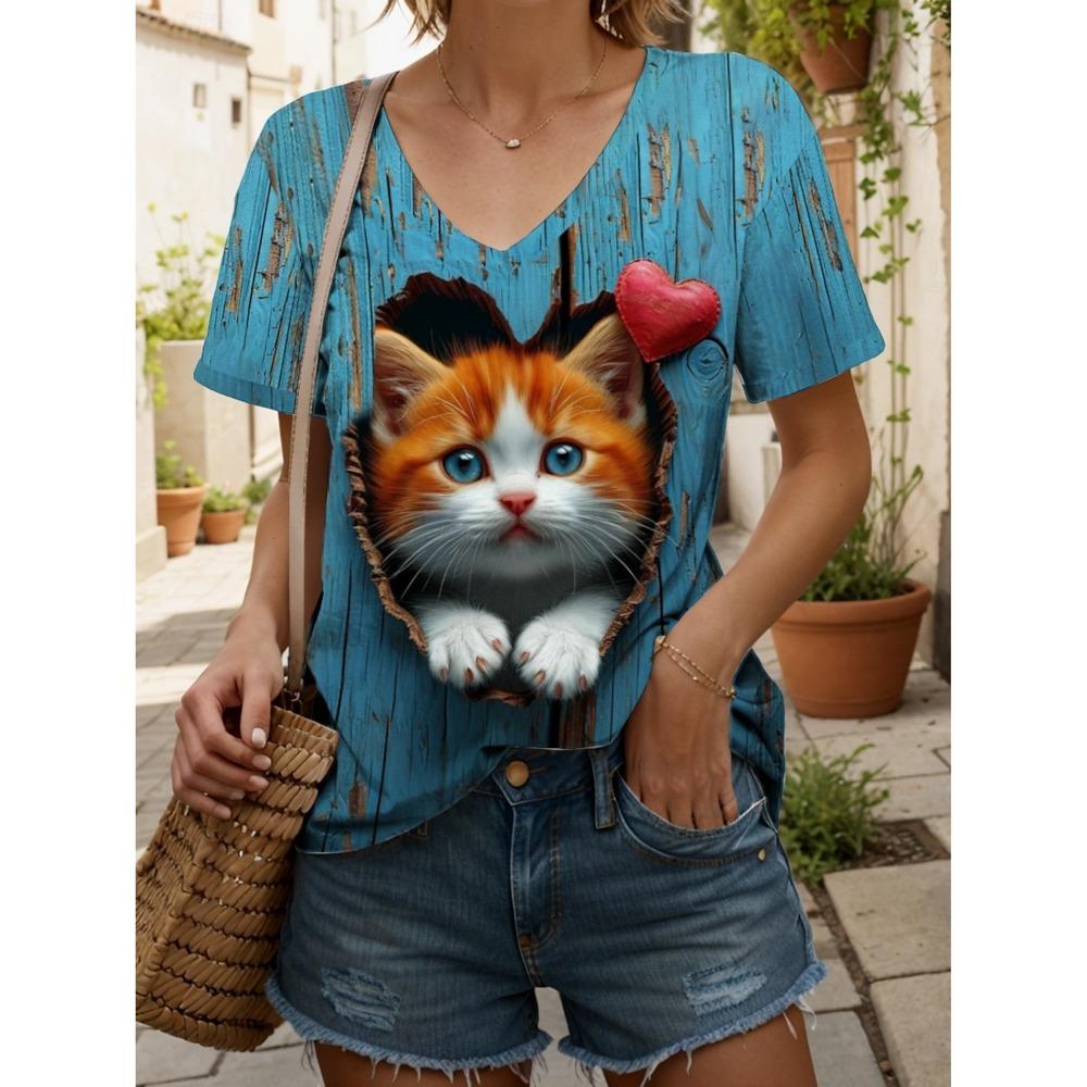 Women's T-Shirt Kawaii Animal Graphic Fashion Short Sleeved V-Neck Regular Tops Daily Print Tee Summer Spring Casual Tops