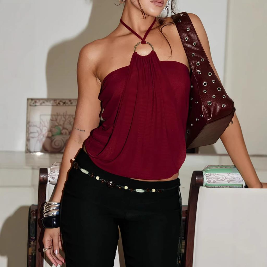 Summer tube top neck sling vest pleated short sleeveless European and American mesh women's top