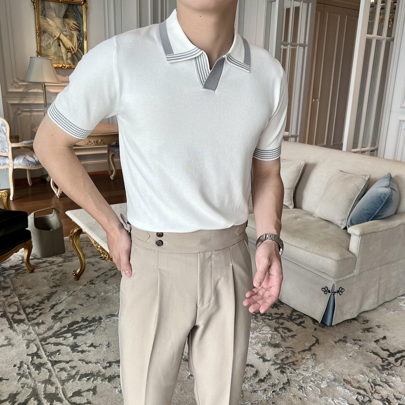 

High End Fashion Casual England Style Polo Shirt Summer New Versatile Short Sleeve Men Panelled Striped Lapel Breathable Tops L белый