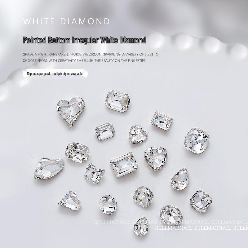 Nail Art Rhinestones Set: Heart, Crooked Heart, White Diamond, Peach Heart, Square, and Transparent Shapes (10 Pieces)