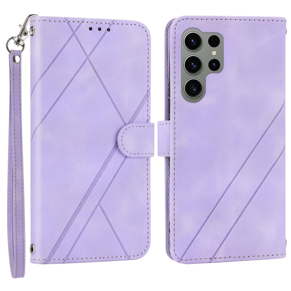 For Samsung Galaxy S25 Ultra Case Imprinted Line Leather Phone Cover with Handy Strap
