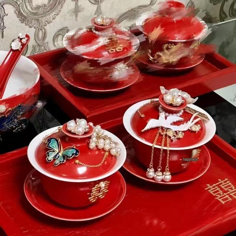 Tying the Knot Ceramic Wedding Tea Cups with Lids - DIY Handmade Decoration