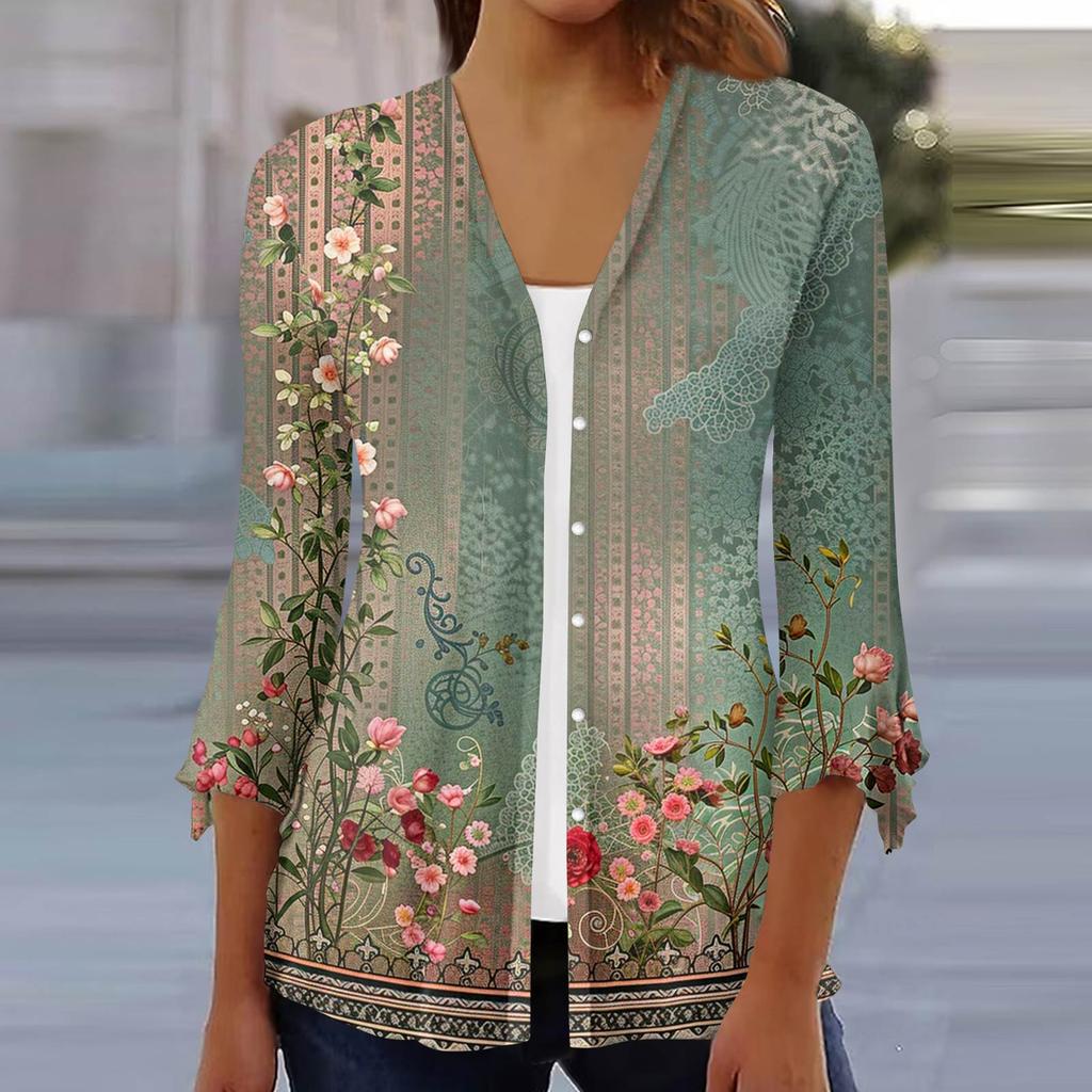 Women's Fashion Loose Casual Printed Seven-Part Sleeve Button Down Blouse Cardigan Top