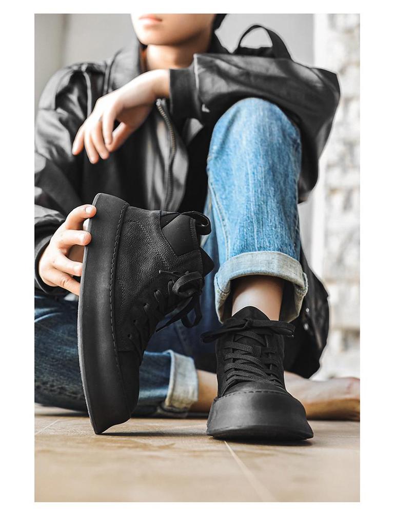 Men's Japanese Velvet High-Top Sneakers: 2023 Autumn/Winter Genuine Leather, Thick-Soled, Wear-Resistant Martin Boots for Outdoor Casual Wear.