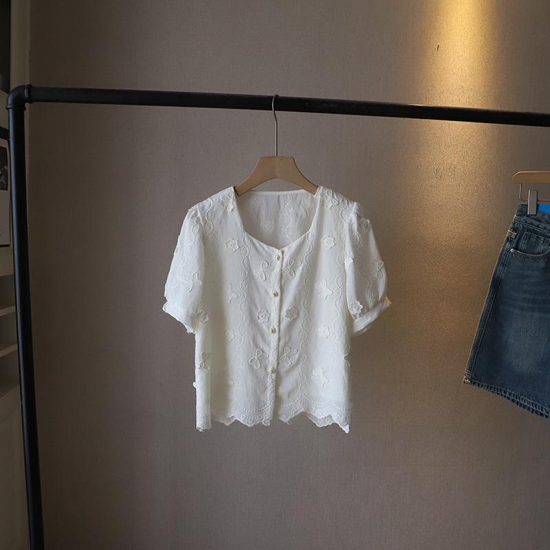 

Летний женский топ 2025 года с квадратным вырезом, кружевной отделкой и рукавами-буфами One Size абрикосовый