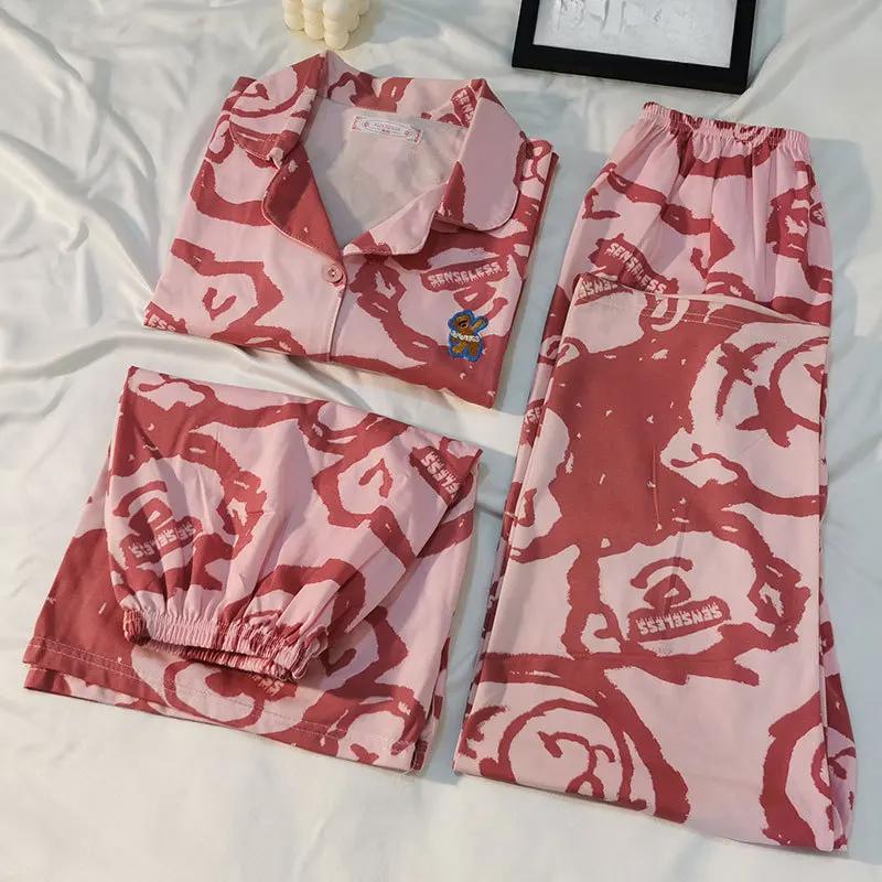 New Summer Ladies Three-Piece Pajamas Homewear Girls Short-Sleeved Trousers Card Spring and Autumn Wear Casual Pajamas Homewear
