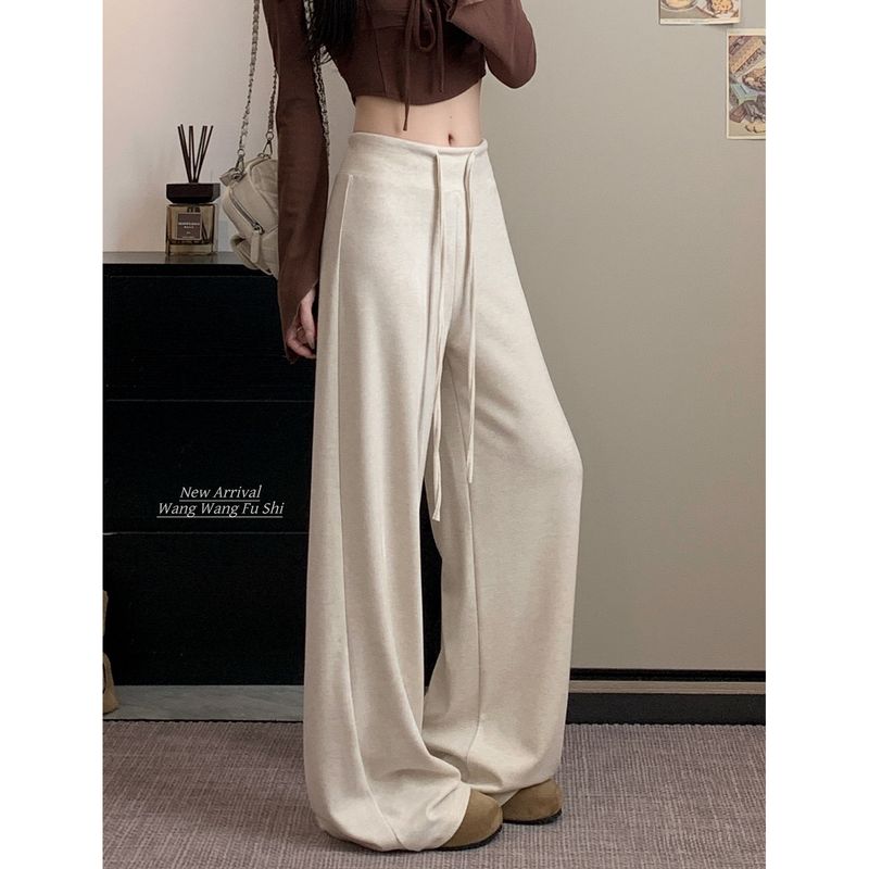 Drawstring High Waist Casual Pants Loose Pants Women's Autumn Drape Baggy Straight Trousers Apricot Mop Pants Lazy Long Pants