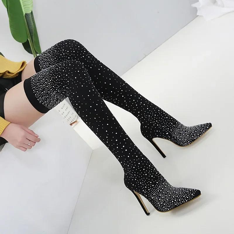 Mode Sommer Kniestiefel Luxus Frau Schuhe Strass Spitzschuh Sexy High Heels Plus Größe 43 Oberschenkel Hohe Socken Botas De Mujer