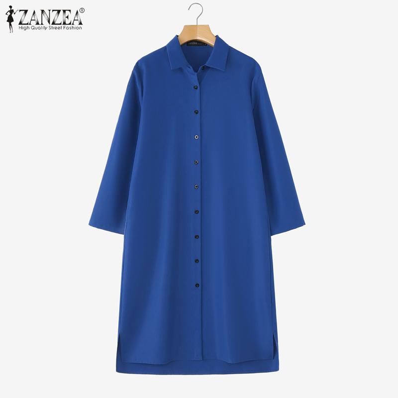 ZANZEA Vestido feminino casual gola virada para baixo manga 3/4 camisa solta