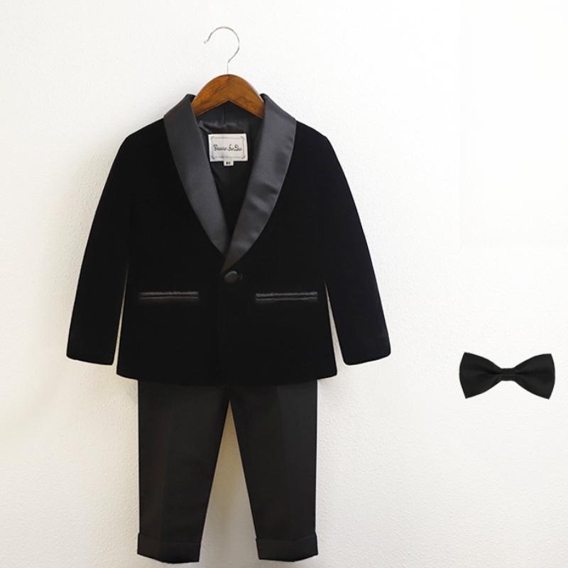 

Комплект формального костюма для фотосессии на 1-й день рождения ребенка, в британском стиле, наряд для мальчика-цветочника на свадьбу, классический бархатный костюм для детей, костюм ведущего на фортепиано 80cm чёрный