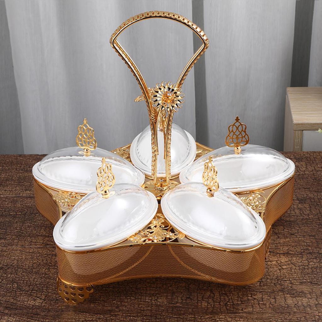 Divided Platter Gold Exquisite Serving Tray with 5 Oval Compartments Handle Lids for Fruits Nuts  