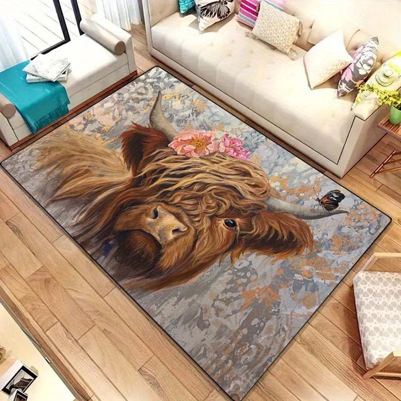 1pc Rustic Highland Cow Area Rug - Non-Slip, Non-Shedding, Soft, and Durable Floor Mat - Perfect for Bedroom, Living Room, Bathr