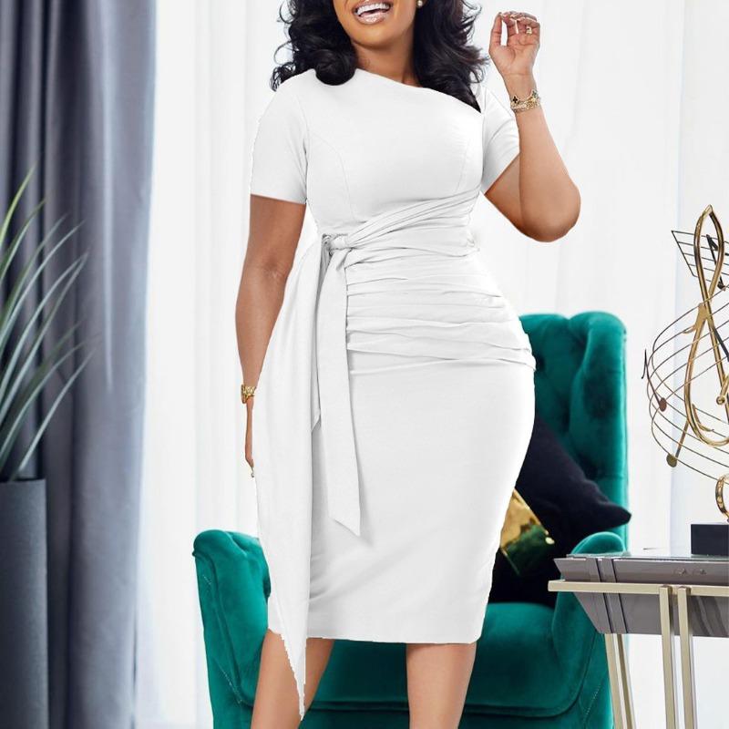 Women Fashion Elegant Slant Neck Short Sleeve Ruched Lace Up Solid Midi Dress