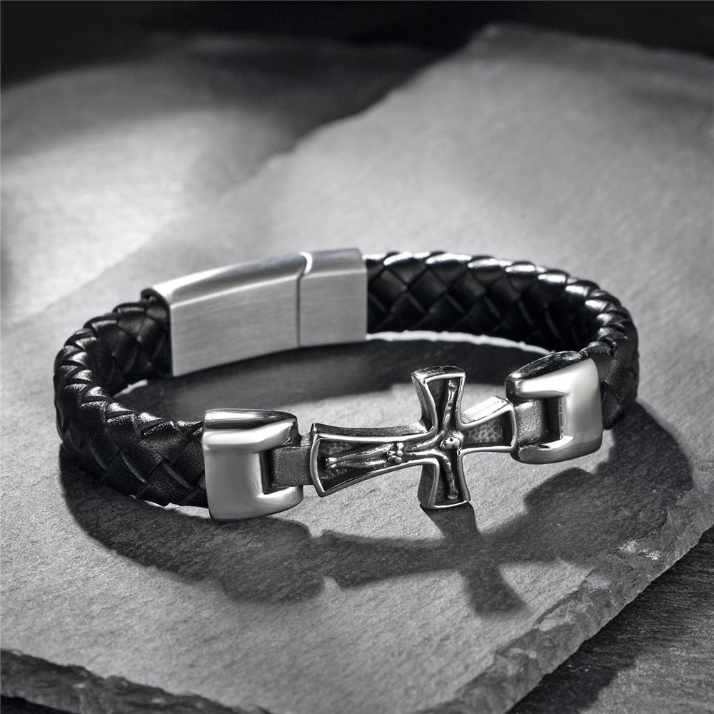 Classic Mens Leather Bracelet Stainless Steel Religious Bangles for Men Women The Cross of Jesus Catholic Jewelry Gifts
