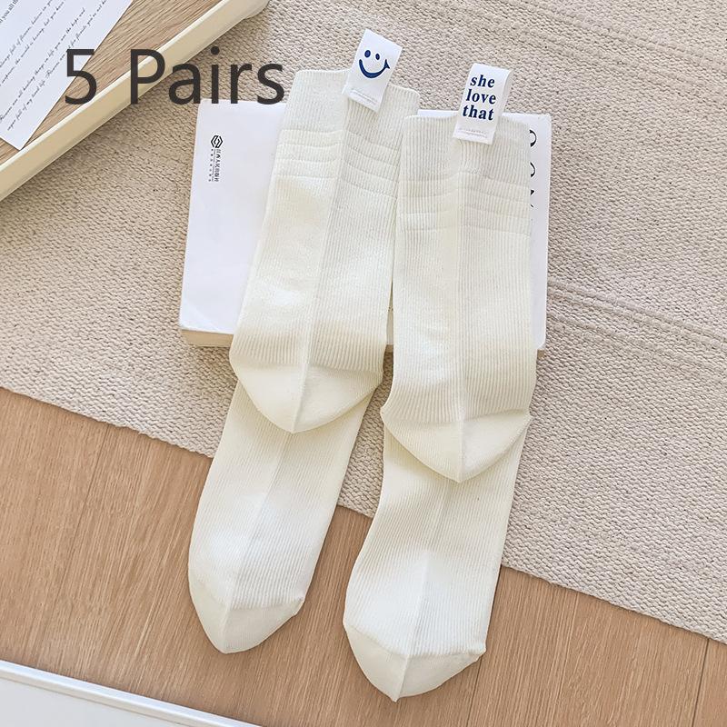 5 Pairs Spring Summer White Calf Socks Women's Tide Socks Slope Heel Smiley Fabric Label Stacked Socks Drawstring Mid Calf Socks