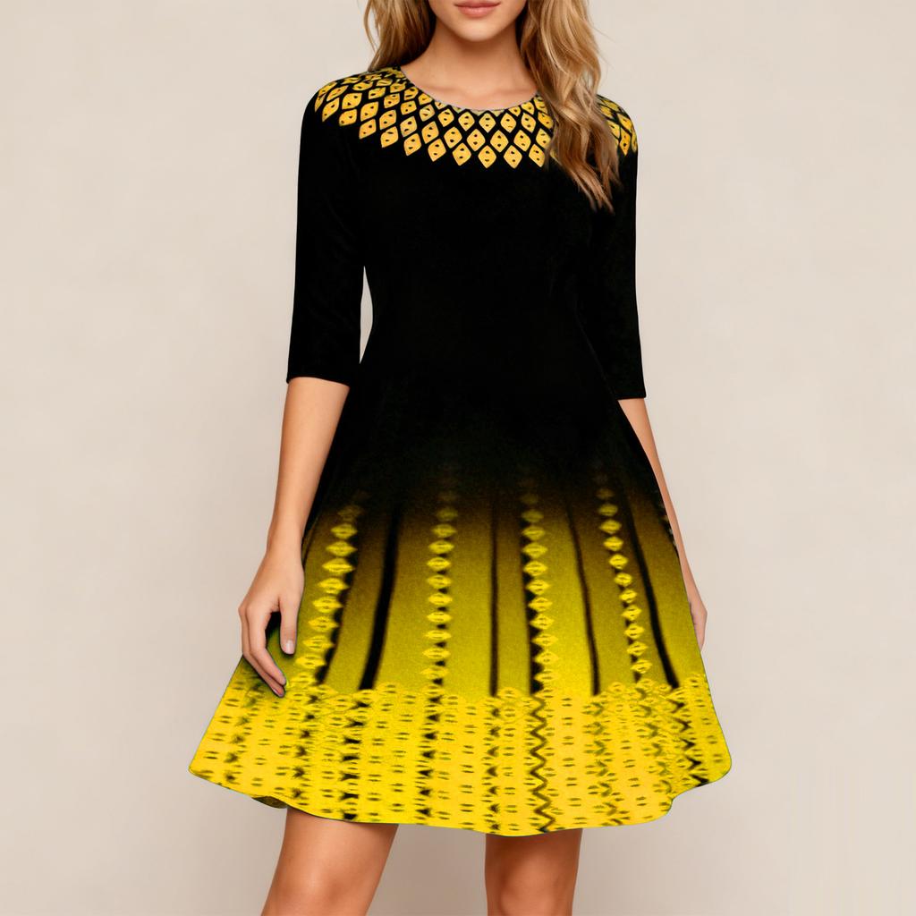 Ladies' Printed Fashionable And Personalized Mid Sleeve Waist Dress