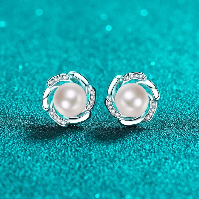 Sterling Flower Stud Earrings With Cultured Pearl Moissanite Bud Design Women Sweet Elegant Minimalist Jewelry
