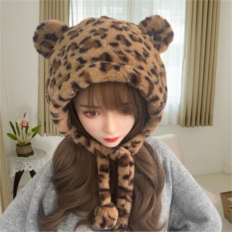 Modische Leopard Bärenohren Uschanka Mütze für verschiedene Kopfgrößen Winter Herbst Verdickte Pullover Beanie Mütze für Freizeit Reisen