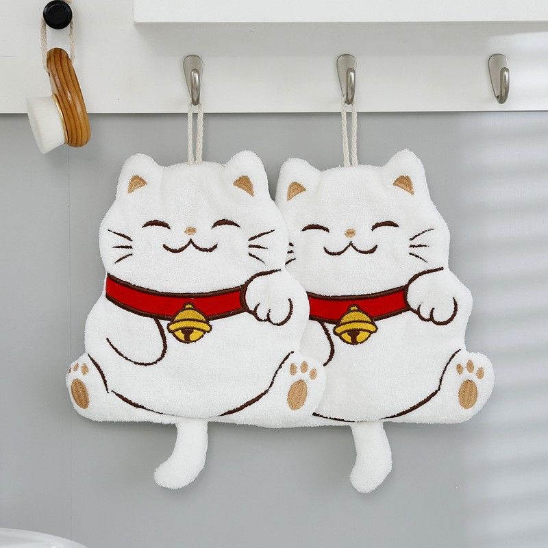 

New Year s Coral Fleece Lucky Cat Hand Towel Soft Absorbent Cute Embroidered Rag Quick Dry Handkerchief Hanging Towels