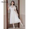 Japanese Preppy Style Summer Women White Dress Sailor Collar Jacquard Cotton Sweet Dress Short Sleeve Girl's Casual Midi Dress
