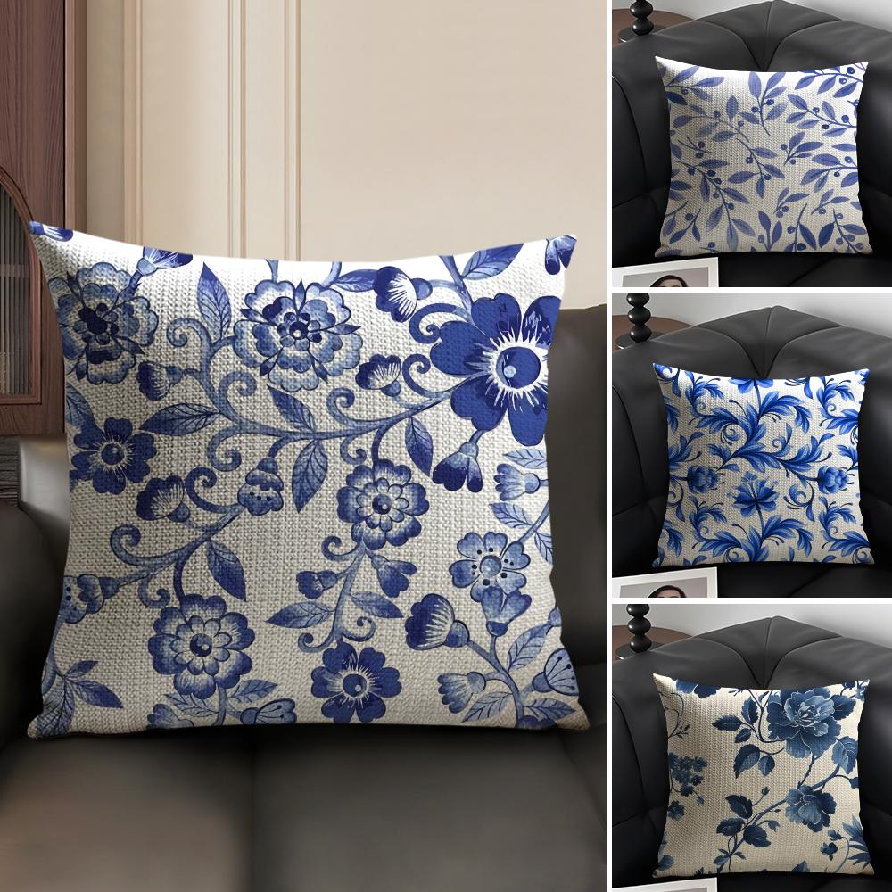 Blue Pattern Hot Cushion Cover Natural Linen Organic Fabric DoubleSided Printing Sofa Home Decor Gift Pillow Case