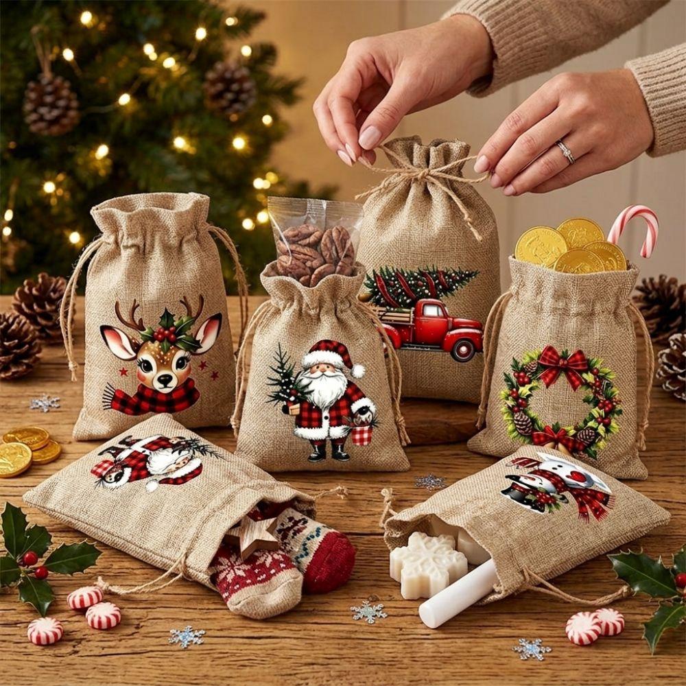 5/12Pcs Vintage Christmas Burlap Storage Bag Santa Claus Xmas Candy Hanging Bag  Holiday Treats