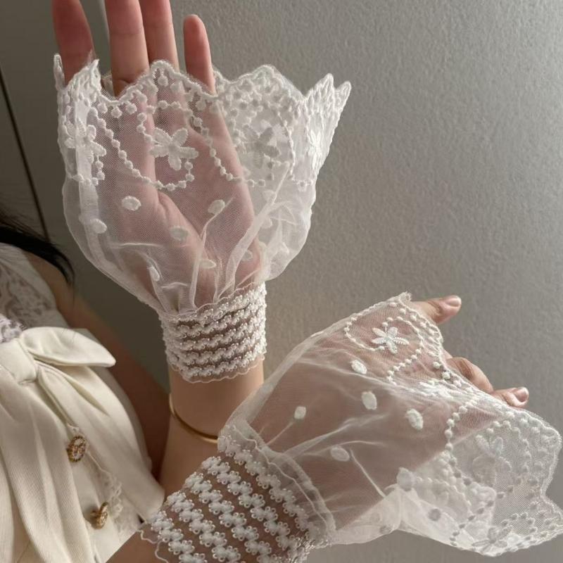 Sheer Embroidered Fingerless Wrist Cuffs Pair for Women, Lace Sleeves with Flared Cuff for Weddings and Photo Styling Use