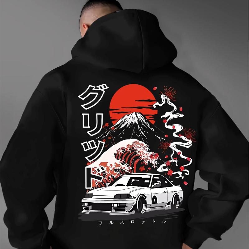 A Men'S Casual Stylish Japanese-Inspired Hoodie Featuring Mountain And Freedom Elements, Long-Sleeved Pullover, Regular Fit.