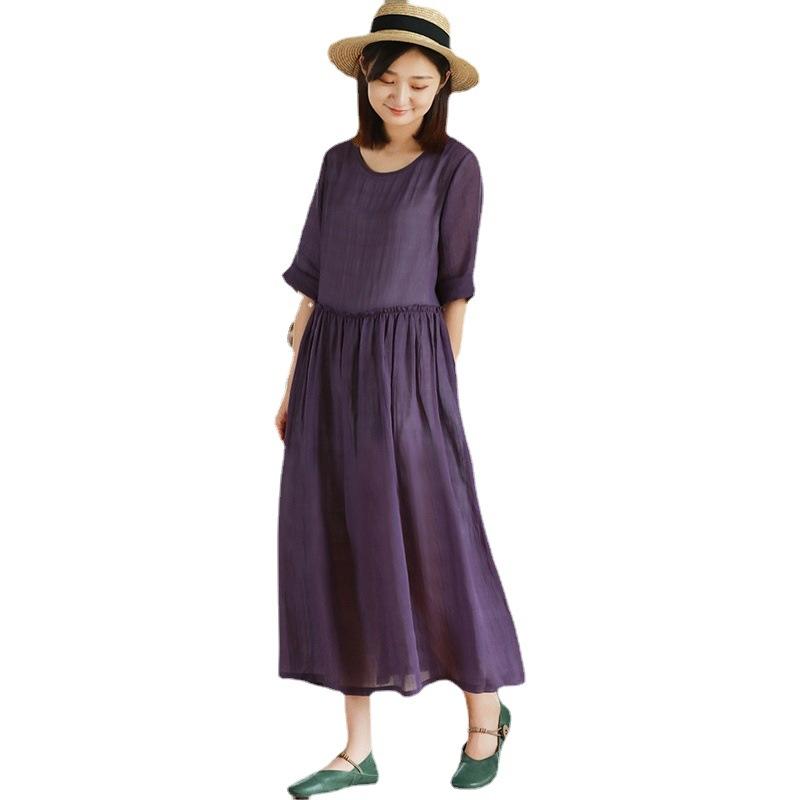 2025 New Summer Cotton and Linen Dress Women's High Waist and Thin Loose Retro Seven-quarter Sleeve Round Neck Long Dress