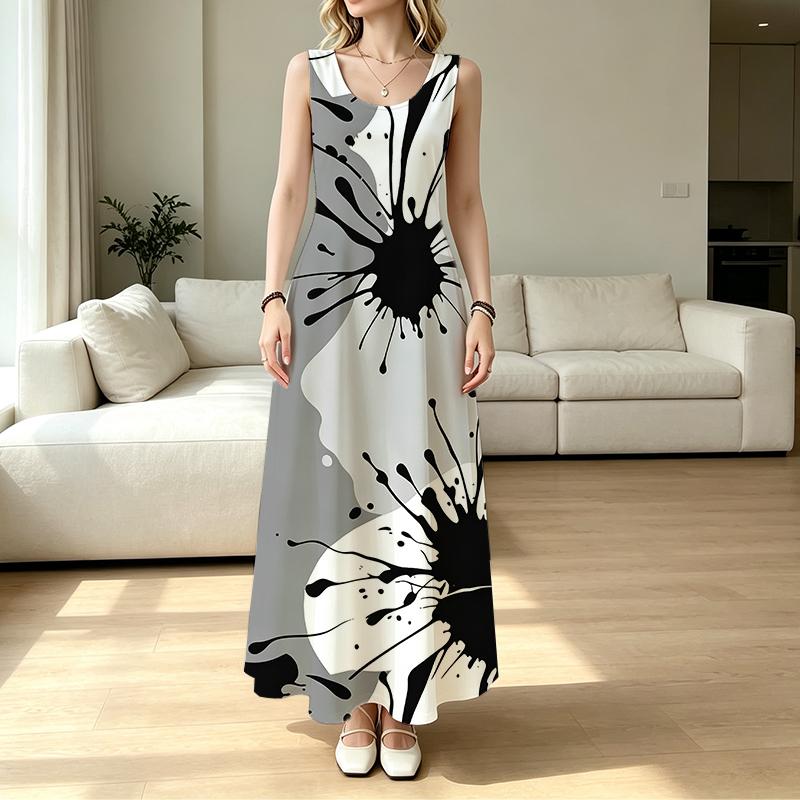 Summer Abstract Art Print Sleeveless Flowy Maxi Dress Comfy Fabric,Versatile for Beach Vacation,Daily Casual,Home Wear