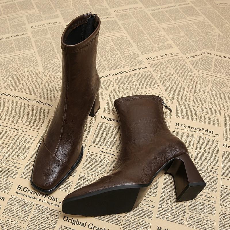 High Quality Women's Shoes Mid-Calf Women's Boots Fashion Square Toe Office and Career New Back Zip Solid Shoes for Women