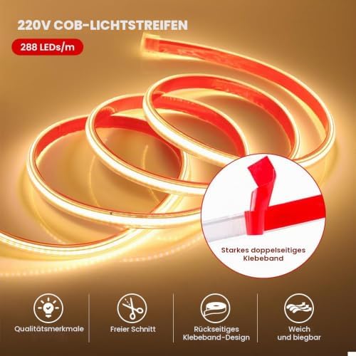 1m COB LED-Streifen Selbstklebend, 220V 288LEDs/M FCOB LED-Lichtleiste, Super Helles Warmweiß Flexibles COB LED-Band