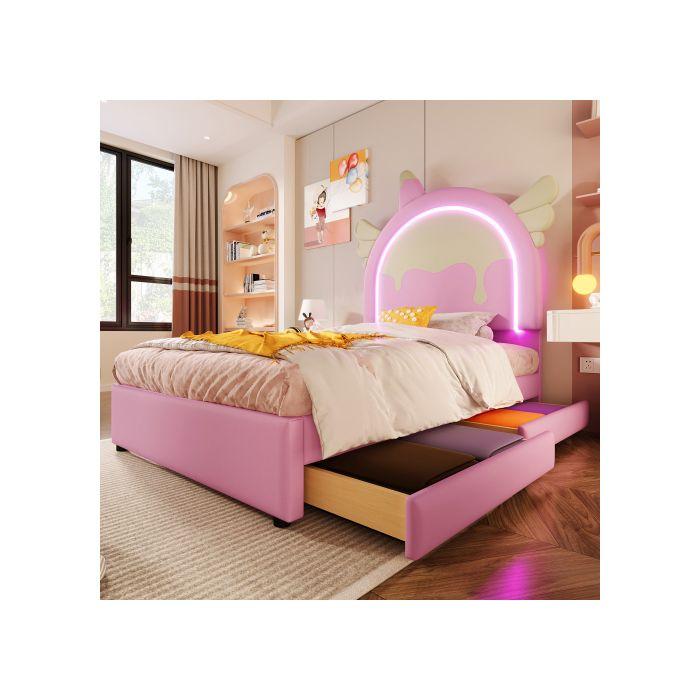 Unicorn Child Bed - 90 X 200 Cm - with Light Bar - 2 Drawers - Pink PU