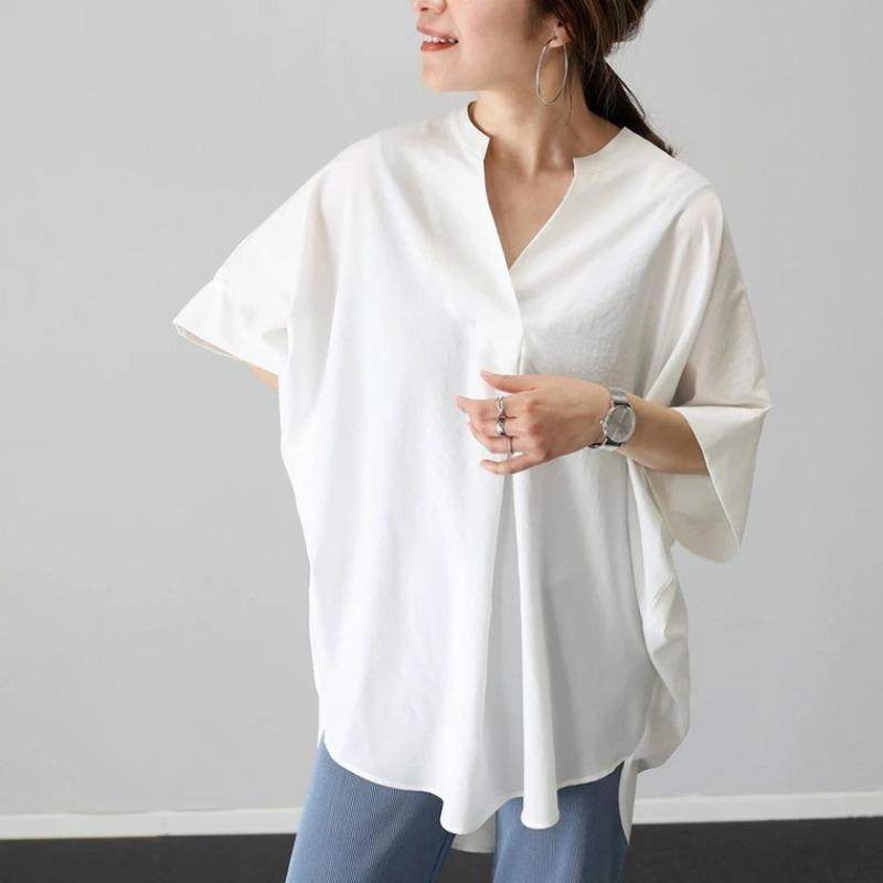 Japanese Style Summer V Neck Loose Solid Color Shirt 6 Colors